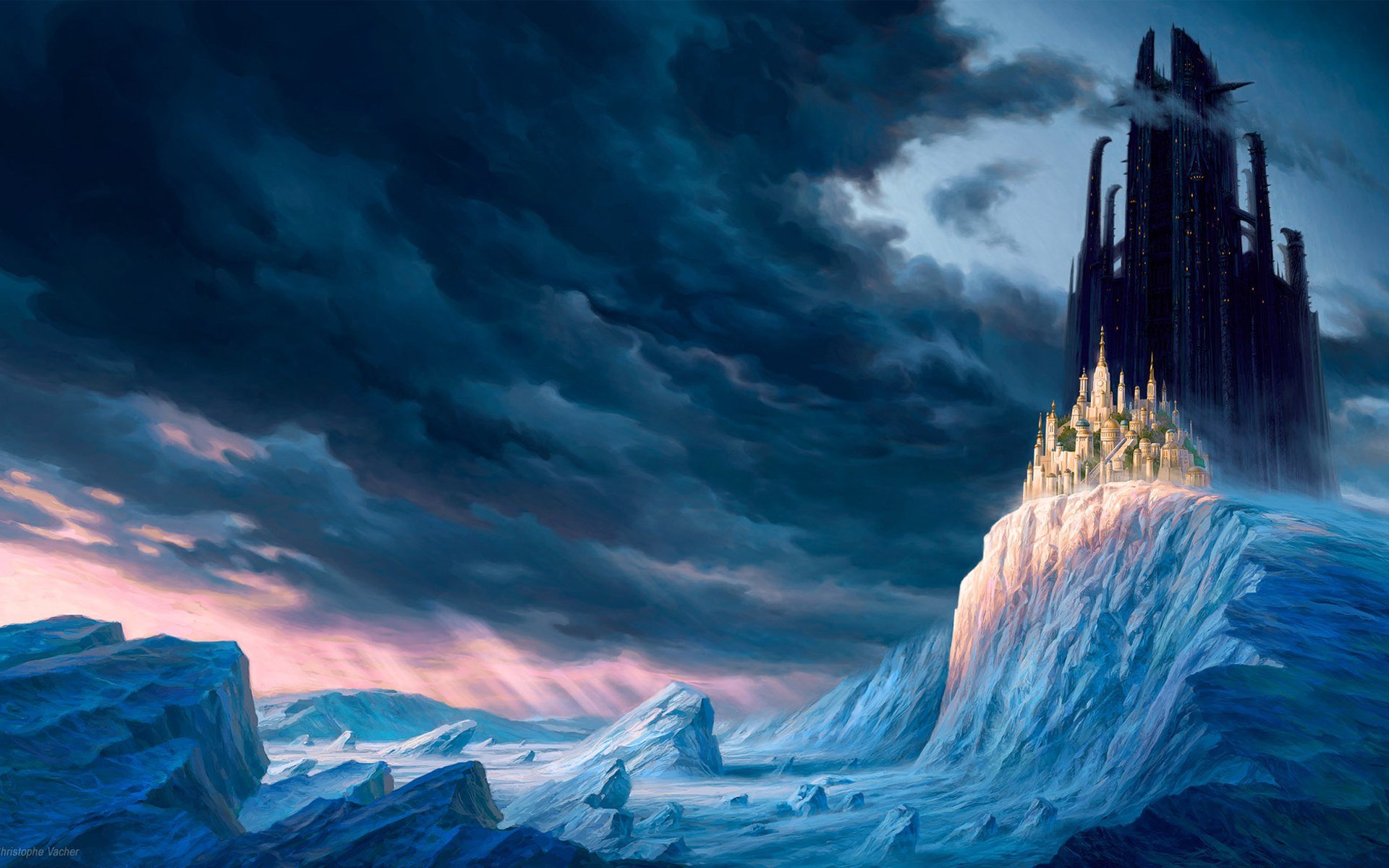 A majestic fantasy castle rises amidst icy peaks, set against a dramatic sky filled with swirling clouds. This HD wallpaper captures a captivating, otherworldly scene.