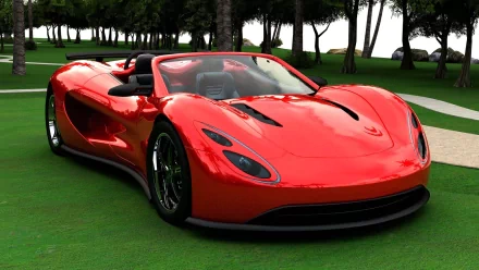 Red Ronn Scorpion sports car displayed on a lush green lawn, captured in high definition for a PC desktop wallpaper and background.