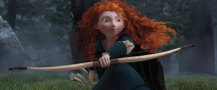 HD desktop wallpaper featuring Merida from the movie Brave, poised with her bow and arrow in a dark forest setting.