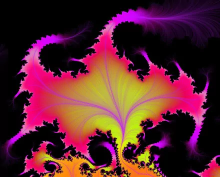 Vivid psychedelic fractal pattern with swirling abstract shapes in bright pink, yellow, and purple hues, designed as an HD PC desktop wallpaper and background.