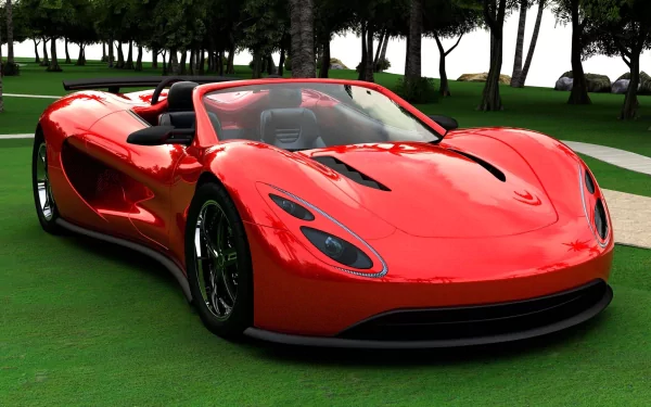 Red Ronn Scorpion sports car displayed on a lush green lawn, captured in high definition for a PC desktop wallpaper and background.