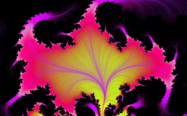 Vivid psychedelic fractal pattern with swirling abstract shapes in bright pink, yellow, and purple hues, designed as an HD PC desktop wallpaper and background.