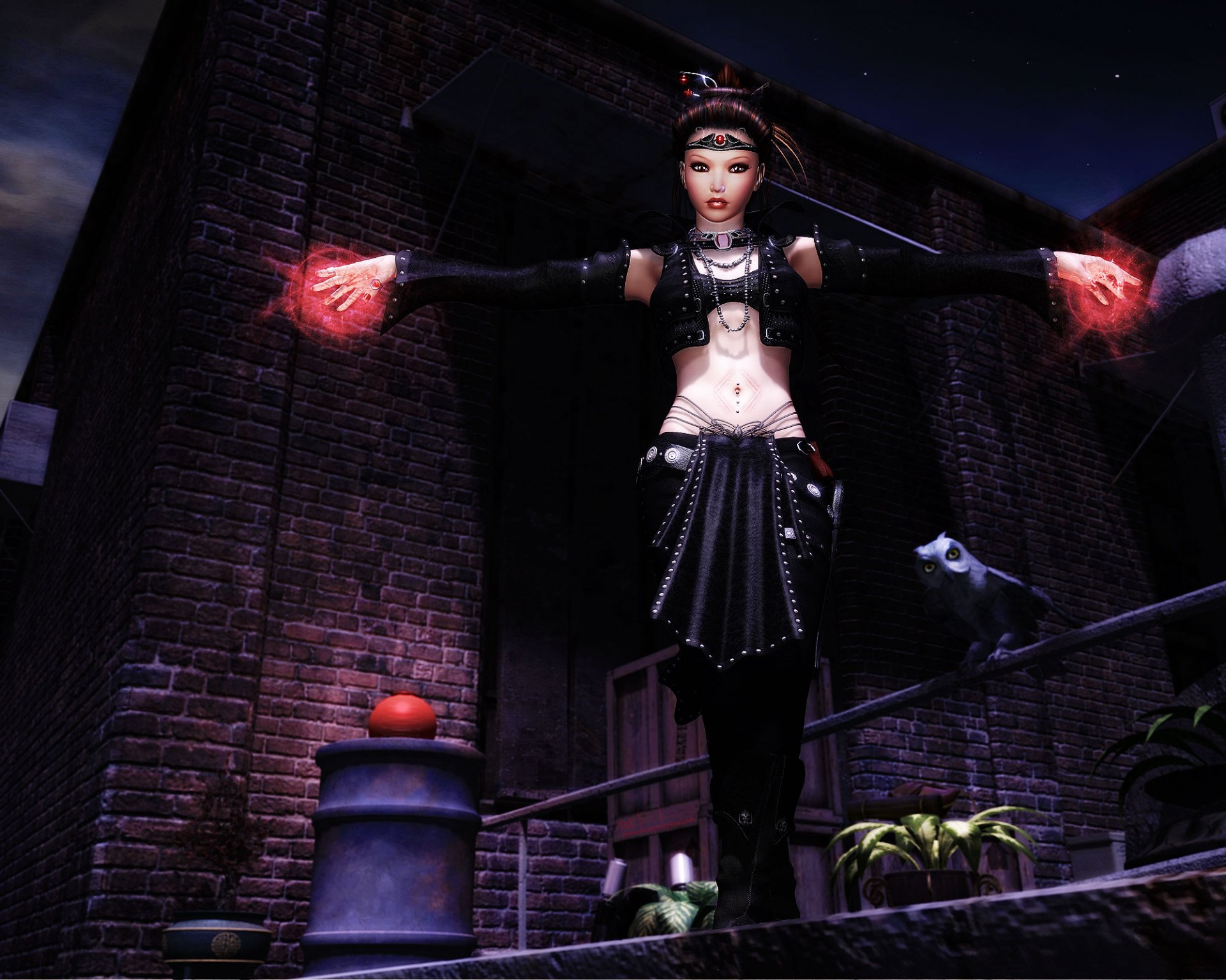 Fantasy-themed HD PC desktop wallpaper featuring a darkly dressed woman casting glowing red magic in an urban alleyway at night, accompanied by a black cat.