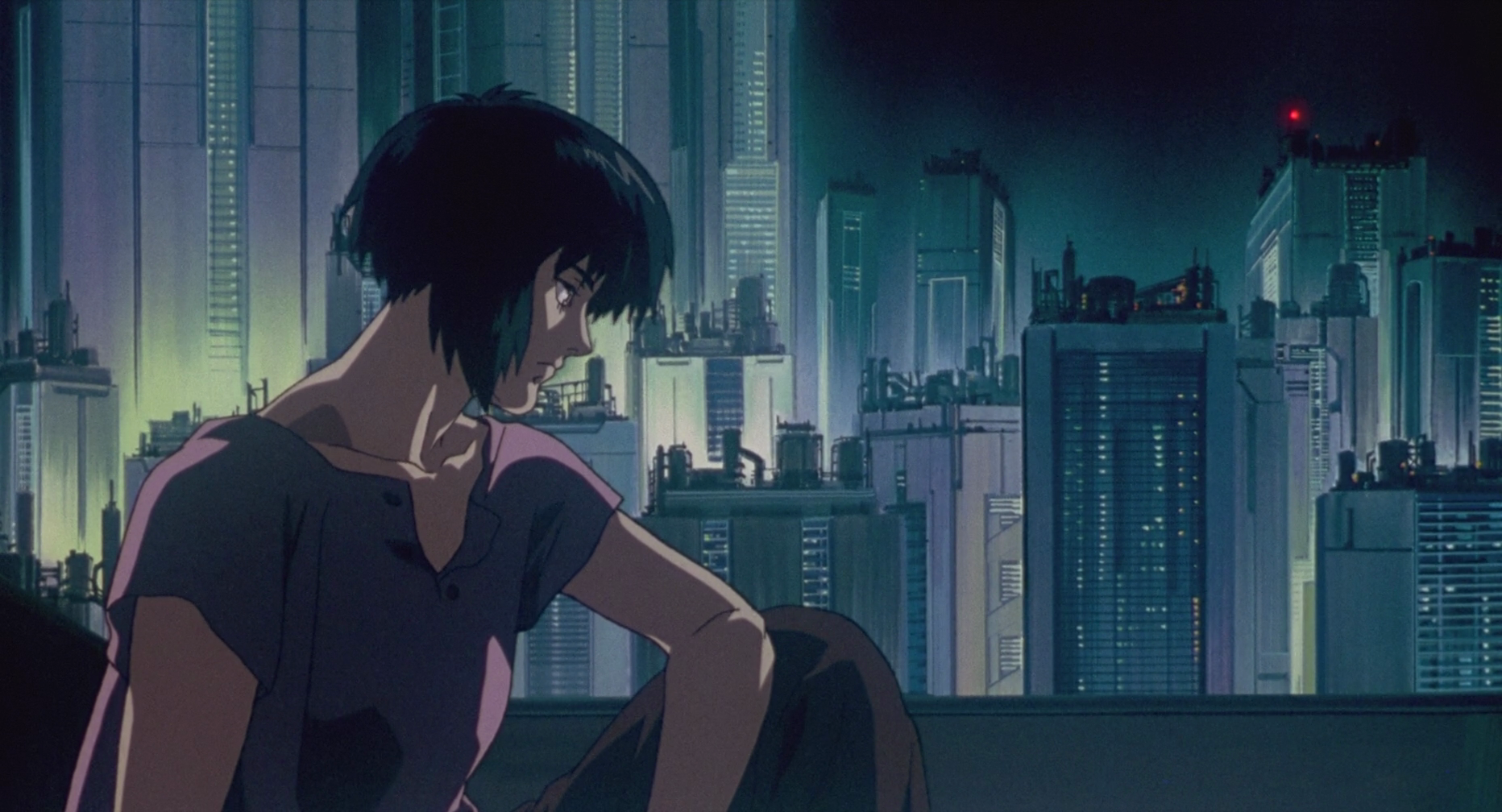 HD PC desktop wallpaper: Ghost in the Shell anime — Major Motoko Kusanagi perched on a rooftop, gazing over a neon-lit cyberpunk city skyline.