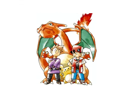 HD desktop wallpaper featuring Red and Blue from Pokémon with Pikachu and Charizard, inspired by the video game Pokémon: Red and Blue.