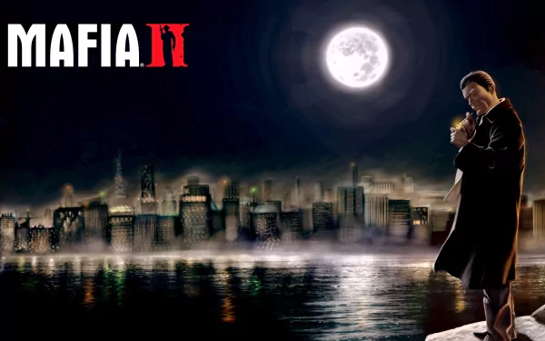 HD PC desktop wallpaper from the video game Mafia: The City of Lost Heaven — a suited mobster smoking by a moonlit waterfront with a foggy city skyline reflected in the water.