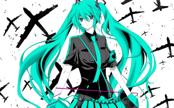 A vibrant HD wallpaper featuring Hatsune Miku from Love is War, showcasing her iconic turquoise hair against a backdrop of silhouettes of planes, blending anime and Vocaloid themes.