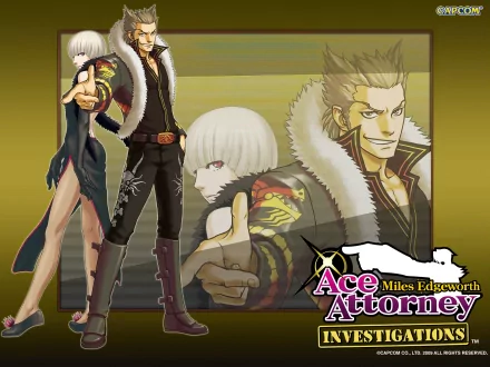 HD desktop wallpaper featuring characters from the video game Ace Attorney Investigations: Miles Edgeworth with a gold-green background and the game logo.