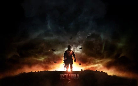 HD desktop wallpaper featuring a dramatic scene from Battlefield 3, showing a soldier silhouetted against a fiery background with helicopters flying overhead.