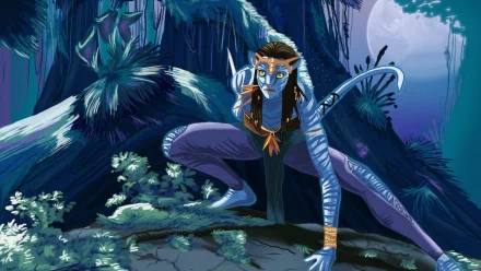 moon night forest tail Neytiri (Avatar) Na'vi braid yellow eyes movie Avatar HD Desktop Wallpaper | Background Image