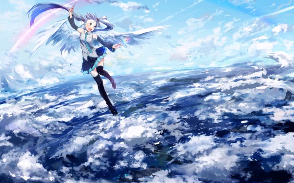 Anime Vocaloid Hatsune Miku Blue Hair Blue Eyes Dress Sky Wings Cloud HD Wallpaper | Background Image