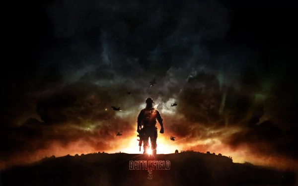 HD desktop wallpaper featuring a dramatic scene from Battlefield 3, showing a soldier silhouetted against a fiery background with helicopters flying overhead.