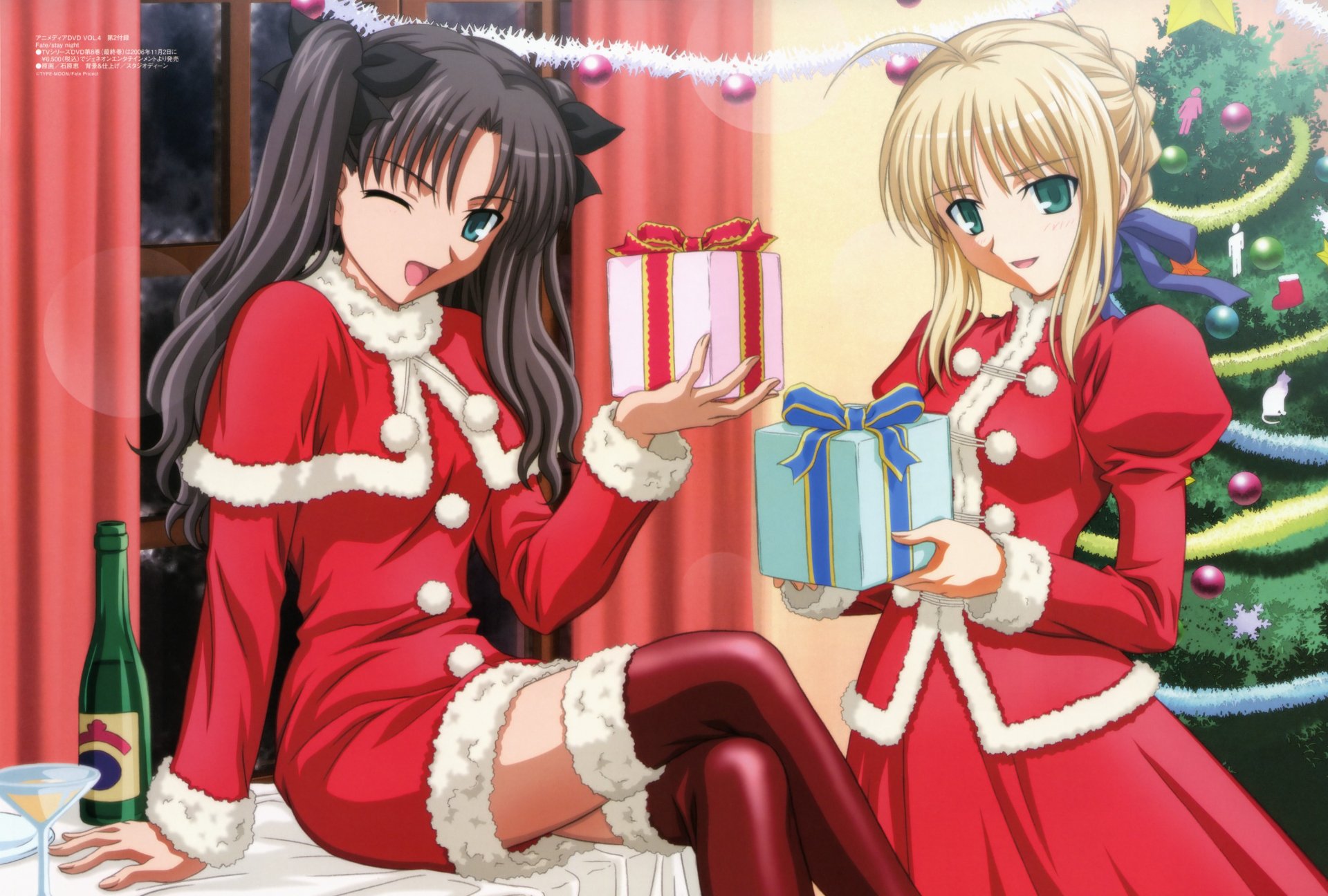 Anime characters Saber and Rin Tohsaka from the Fate series celebrate the holidays, dressed in festive outfits and surrounded by Christmas decorations and gifts.