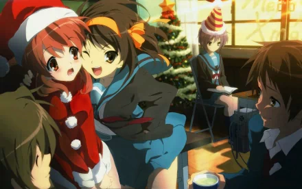 Festive 4K Ultra HD anime Christmas wallpaper featuring Kyon, Itsuki Koizumi, Yuki Nagato, Mikuru Asahina, and Haruhi Suzumiya from The Melancholy of Haruhi Suzumiya.