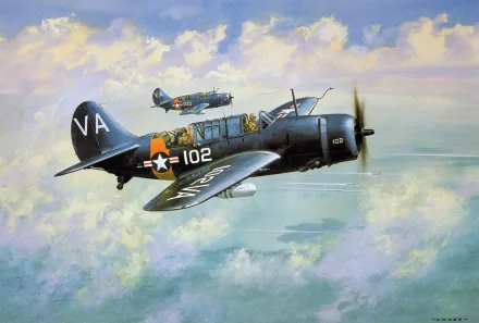 HD desktop wallpaper featuring two Curtiss SB2C Helldiver military aircraft flying above the clouds in a vibrant sky.