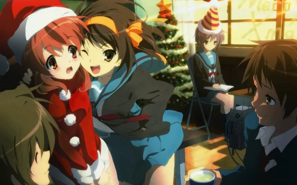 Festive 4K Ultra HD anime Christmas wallpaper featuring Kyon, Itsuki Koizumi, Yuki Nagato, Mikuru Asahina, and Haruhi Suzumiya from The Melancholy of Haruhi Suzumiya.