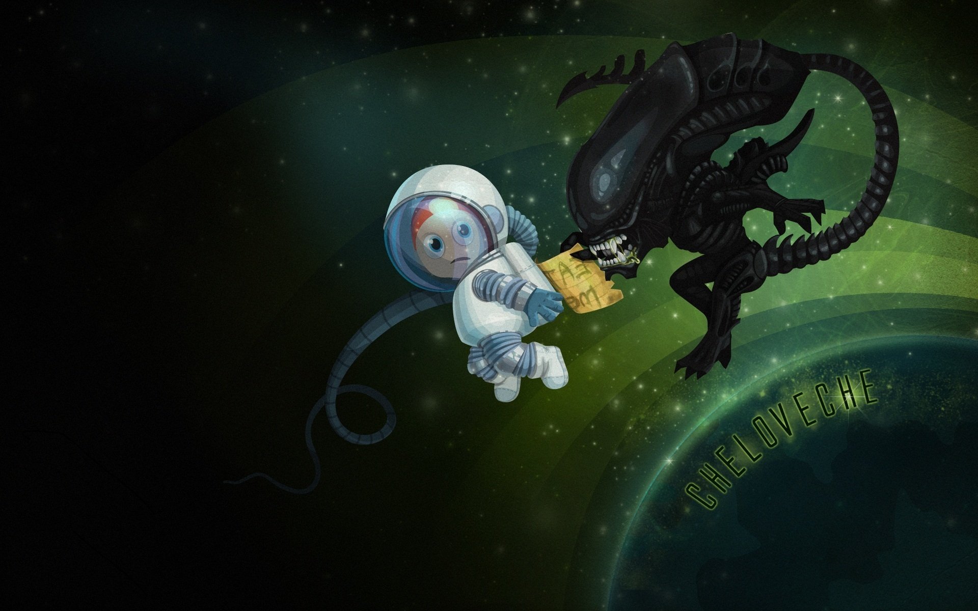 HD movie-themed PC desktop wallpaper featuring a cartoon astronaut encountering a menacing alien in space.