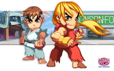 A vibrant HD wallpaper featuring Ryu and Ken from Street Fighter, showcasing their iconic fighting poses in a dynamic video game background.