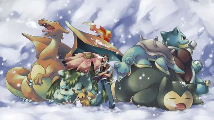 This HD wallpaper features Red from Pokémon alongside Pikachu, Snorlax, Lapras, Blastoise, Venusaur, and Charizard in a snowy landscape, capturing a scene from Pokémon: Gold and Silver.