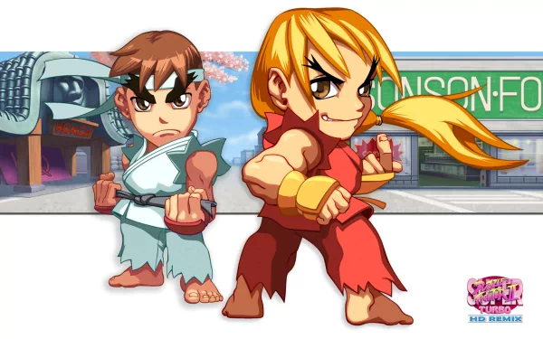 A vibrant HD wallpaper featuring Ryu and Ken from Street Fighter, showcasing their iconic fighting poses in a dynamic video game background.