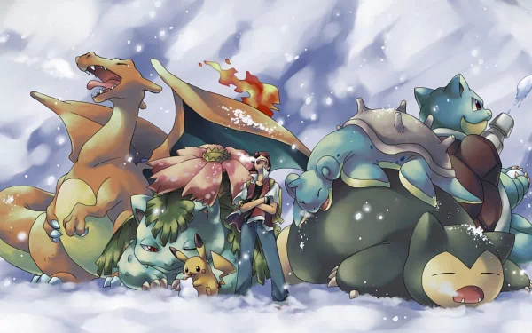 This HD wallpaper features Red from Pokémon alongside Pikachu, Snorlax, Lapras, Blastoise, Venusaur, and Charizard in a snowy landscape, capturing a scene from Pokémon: Gold and Silver.