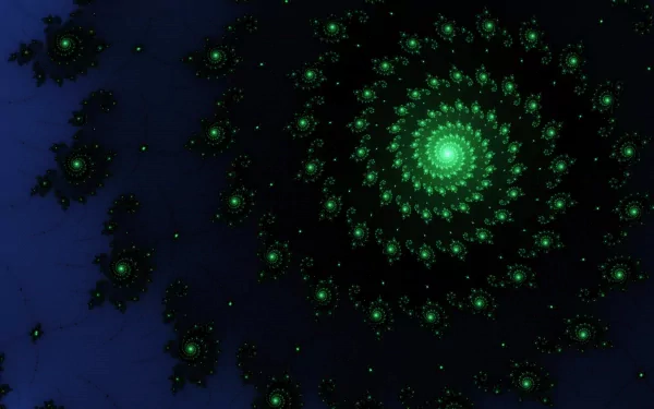 A 4K Ultra HD abstract green fractal wallpaper featuring a glowing spiral swirl pattern on a dark background.