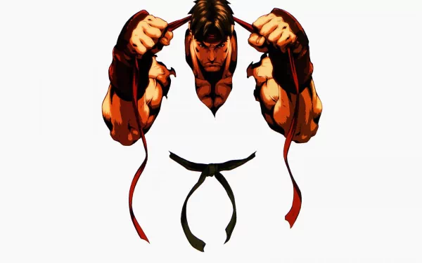 Ryu from Street Fighter prepares for battle, showcasing his iconic look. This vibrant HD wallpaper captures the essence of the beloved video game character.