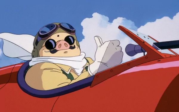 Anime-style HD PC desktop wallpaper featuring Porco Rosso giving a thumbs-up while seated in a red airplane against a bright blue sky with clouds.