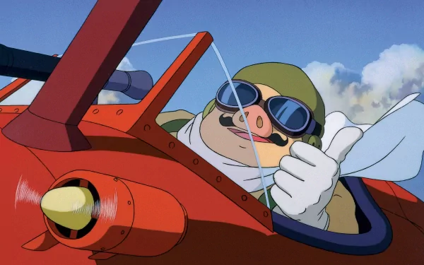 HD anime desktop wallpaper featuring Porco Rosso giving a thumbs-up while piloting his red seaplane against a blue sky with clouds.
