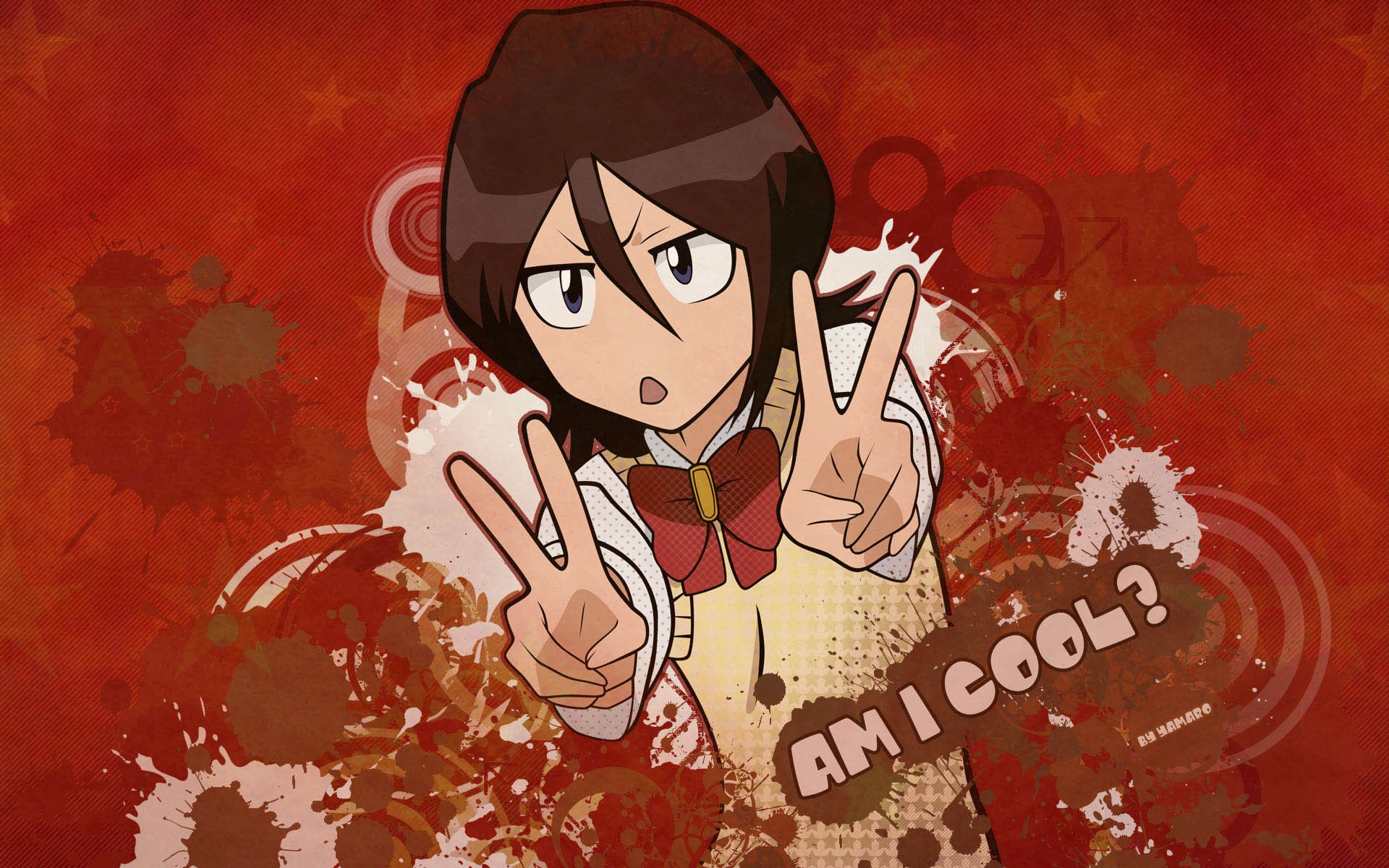 A vibrant HD desktop wallpaper featuring Rukia Kuchiki from the anime Bleach. The background includes dynamic splashes of color with the text AM I COOL? in a playful design.