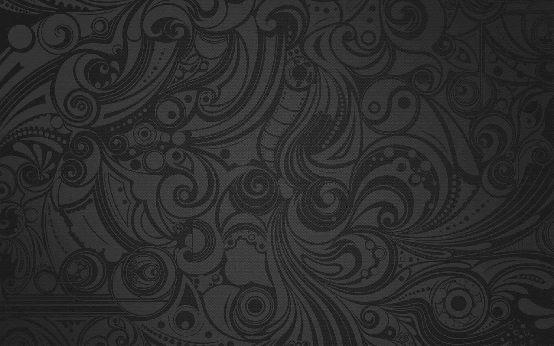 Dark gray abstract artistic swirls and paisley motifs in an HD PC desktop wallpaper and background, with subtle floral accents and textured dotted details.