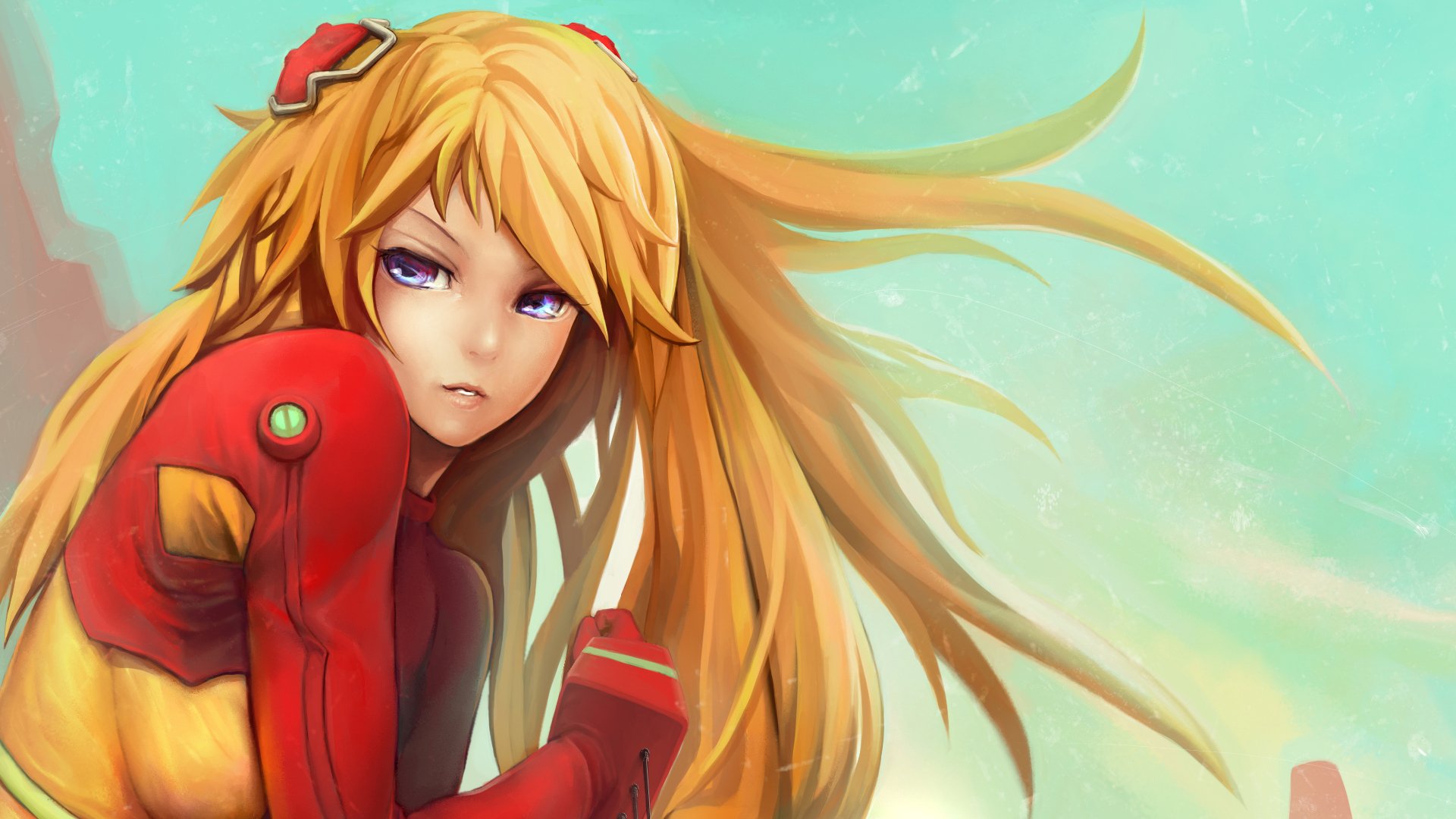 HD PC desktop wallpaper featuring an anime character from Evangelion: 2.0 You Can (Not) Advance with flowing blonde hair and a red suit against a soft blue background.