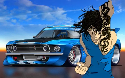 An HD desktop wallpaper featuring a character from Tenjho Tenge, standing confidently beside a stylized blue muscle car against a vibrant sky backdrop.