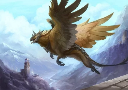 Fantasy-themed HD PC desktop wallpaper featuring a majestic griffin soaring above snowy mountains with a distant tower under a bright blue sky.