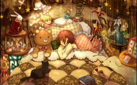 HD anime fantasy wallpaper featuring a cozy bed scene with a sleeping child, a teddy bear, fairies, and whimsical characters including a bird, and other fantastical elements creating a magical atmosphere.