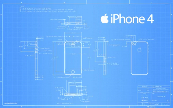 Blueprint-style HD desktop wallpaper showcasing detailed technical drawings of the iPhone 4 with clean lines on a blue background.