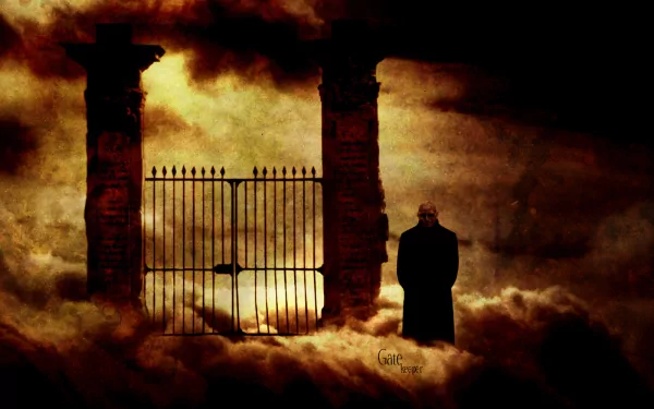 A dark, atmospheric scene features two towering stone pillars and a wrought iron gate, with a man standing solemnly amid swirling clouds, creating a sense of mystery and intrigue.