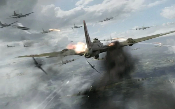 HD PC desktop wallpaper from the movie Red Tails: dramatic WWII aerial battle with Red Tails fighters escorting bombers through explosions and smoke.