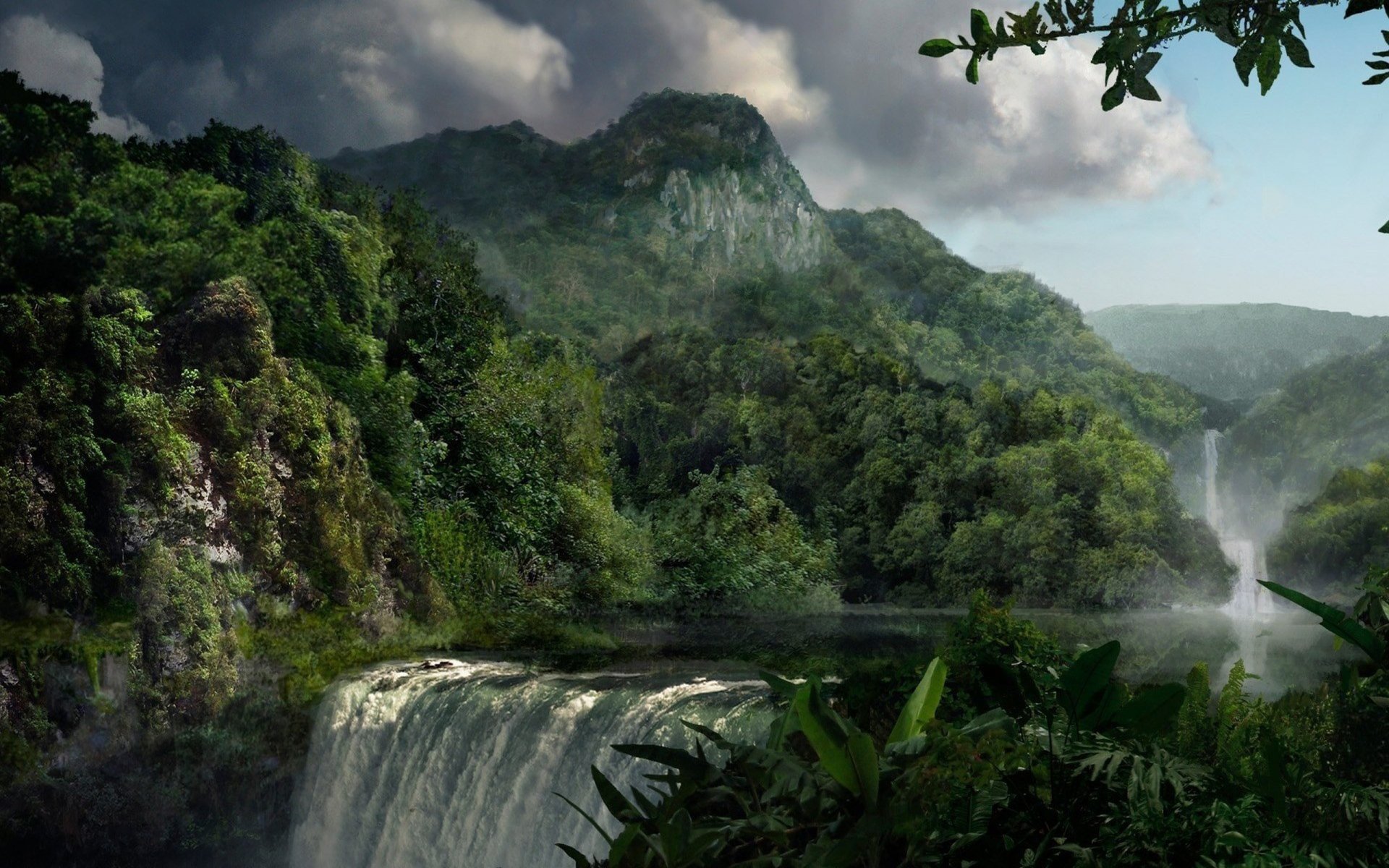A stunning waterfall cascades through lush greenery, surrounded by mountains under a dramatic sky. This HD nature wallpaper captures the beauty of a serene landscape.