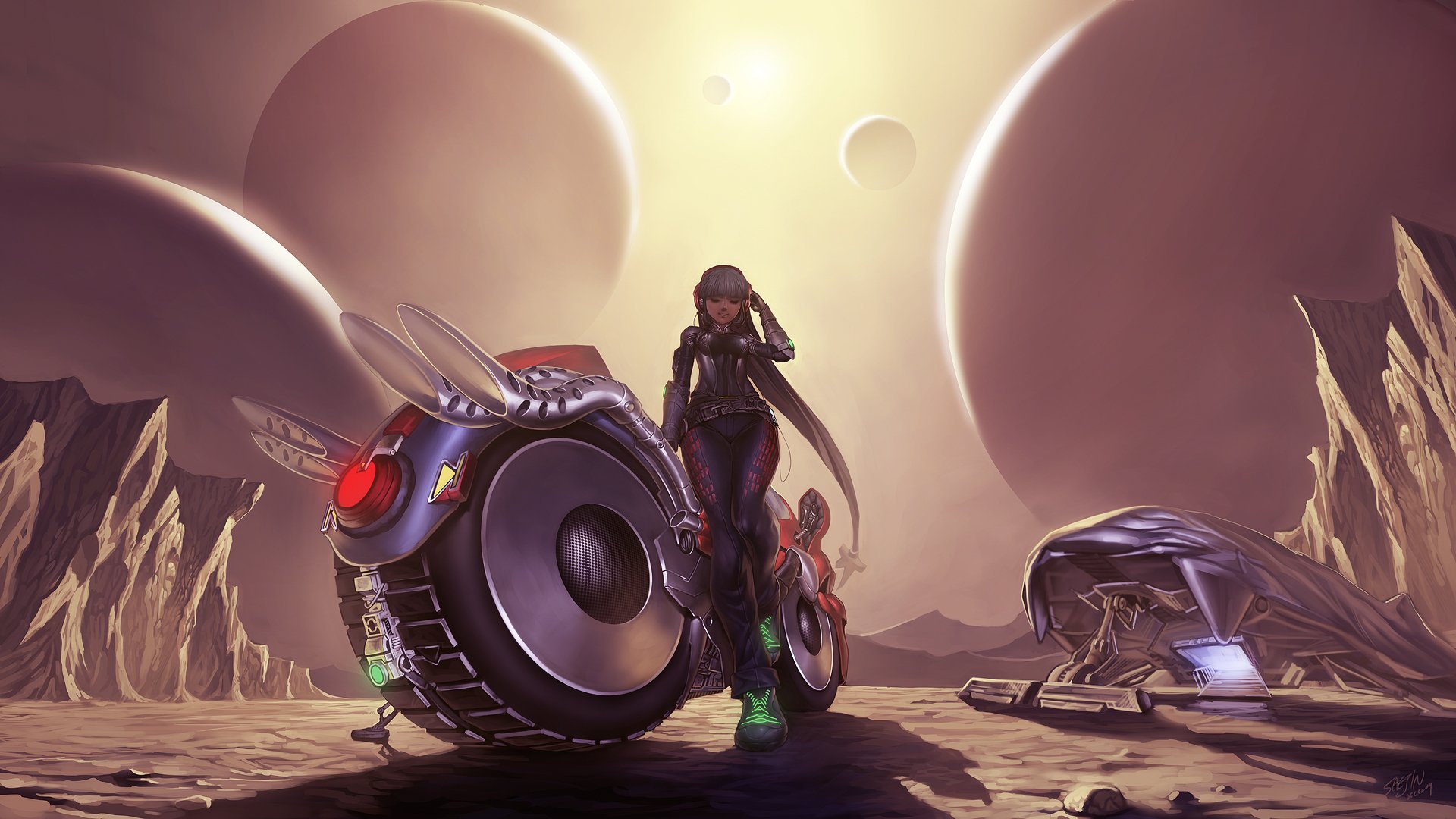 A vibrant anime-inspired desktop wallpaper featuring a woman beside a futuristic motorcycle, set against a dramatic alien landscape with distant planets.