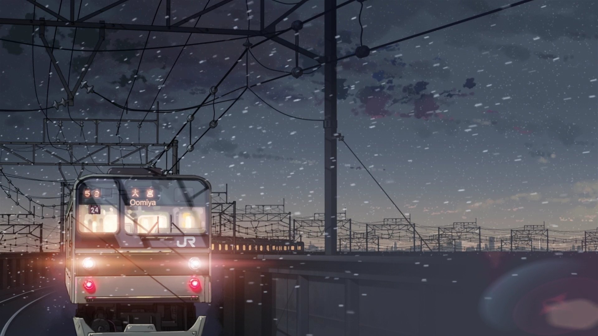 Artistic CGI HD desktop wallpaper depicting a train traveling along snowy tracks at dusk beneath a moody, cloud-filled sky.