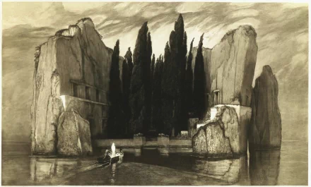 HD desktop wallpaper of a fantasy ocean scene featuring a mysterious island with tall, dark trees surrounded by large rock formations under a dramatic sky.