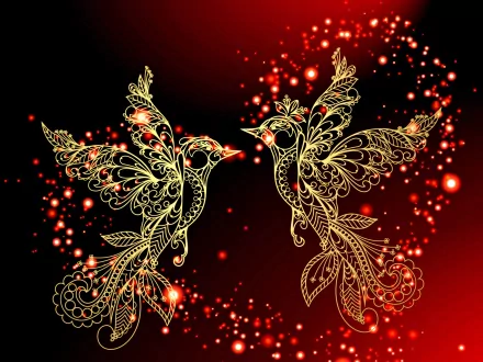 HD desktop wallpaper featuring an artistic CGI of two intricately designed gold birds against a vibrant red background with glowing particles, evoking a theme of love for Valentine's Day.
