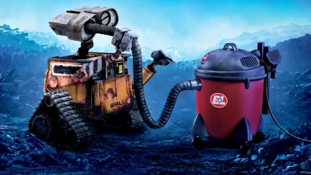 HD PC desktop wallpaper featuring Wall·E, the rusty robot from the movie, interacting with a red vacuum cleaner against a blue, textured background.