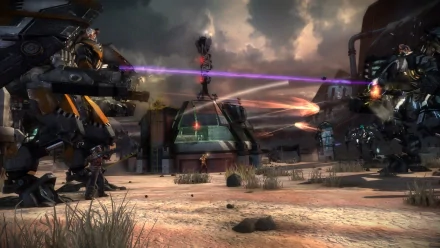 Starhawk video game scene: armored soldier and towering mechs trade laser fire over a desert outpost under stormy skies — 2K Quad HD PC desktop wallpaper/background.