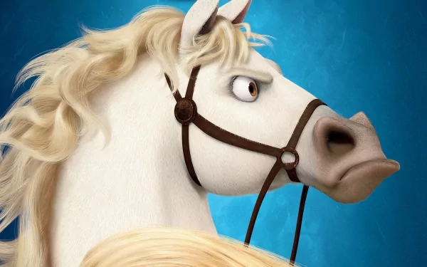 HD desktop wallpaper featuring Maximus, the determined white horse from the movie Tangled, set against a vibrant blue background.