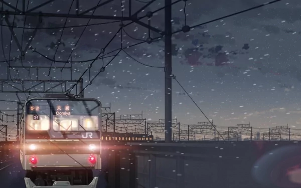 Artistic CGI HD desktop wallpaper depicting a train traveling along snowy tracks at dusk beneath a moody, cloud-filled sky.