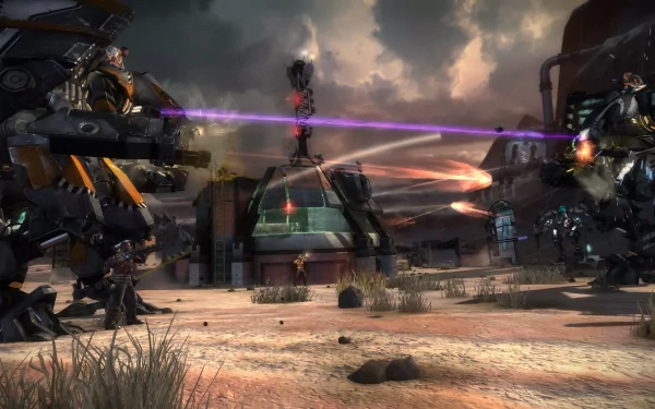 Starhawk video game scene: armored soldier and towering mechs trade laser fire over a desert outpost under stormy skies — 2K Quad HD PC desktop wallpaper/background.