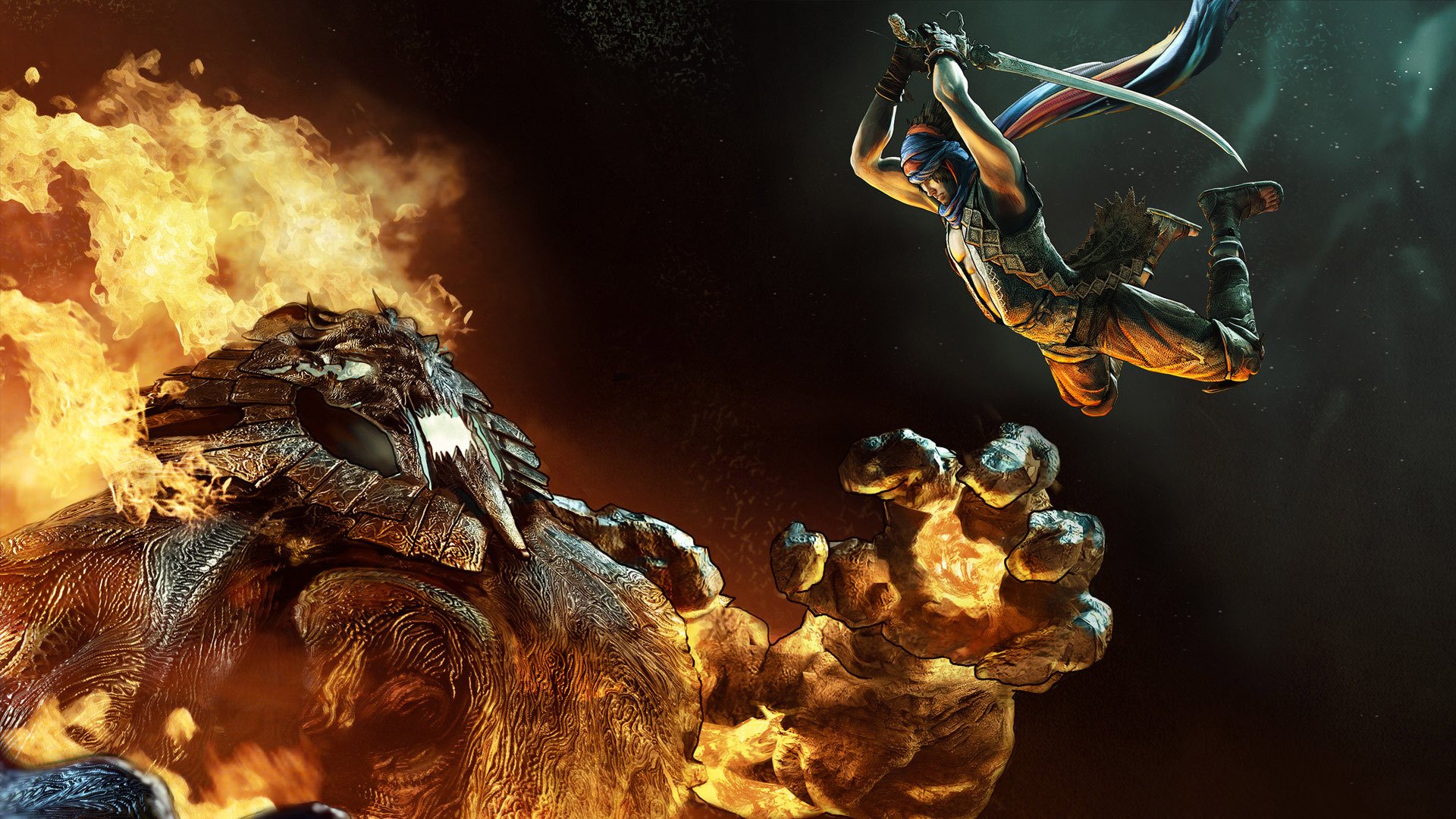 An action-packed HD wallpaper from the video game Prince of Persia, featuring a dynamic scene of the protagonist leaping into combat against a fiery beast.