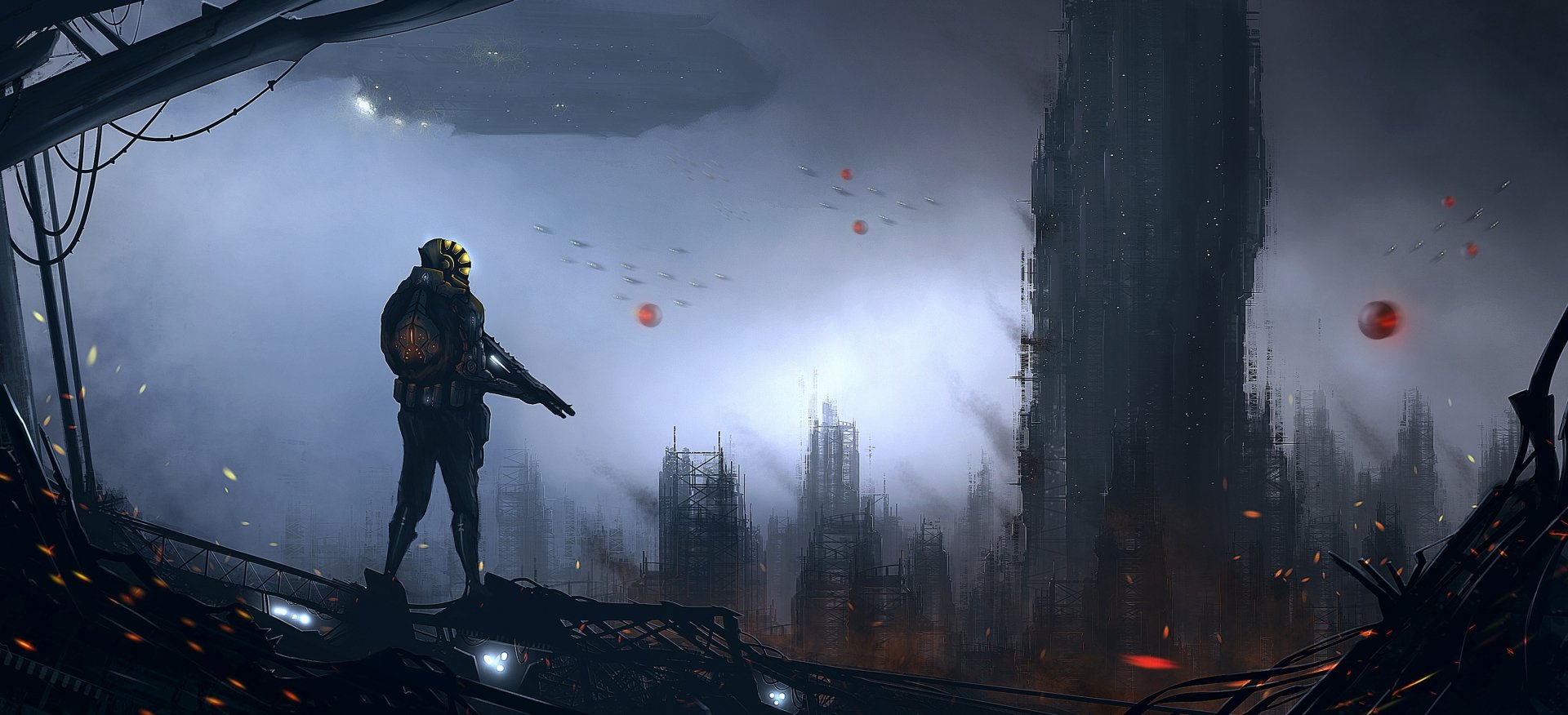 Futuristic sci-fi cityscape with towering skyscrapers, a lone warrior soldier overlooking the skyline, and a spaceship hovering above in a dark, atmospheric HD desktop wallpaper.